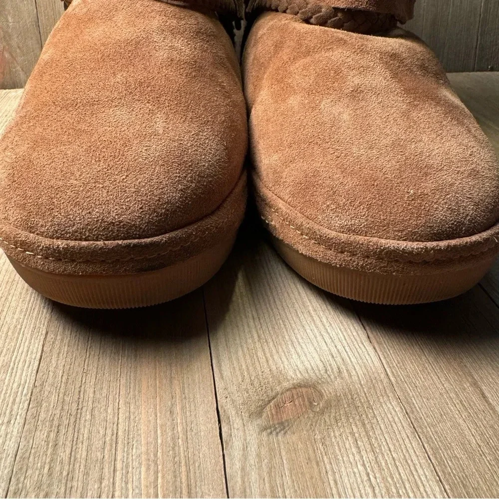 Suede Wool Lined Mid-Calf Boots Tan Ankle Strap Accent‎ size 9 Cozy Tara M Zoe
